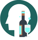 Icon of a silhouetted head, with bottles and glasses.